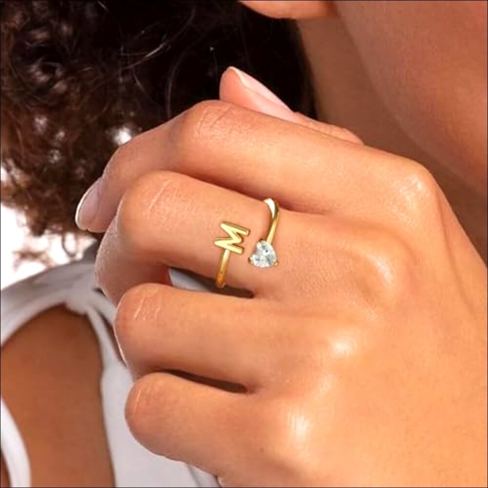 Adjustable Gold Plated Initial Ring With Heart Zi… - image 3